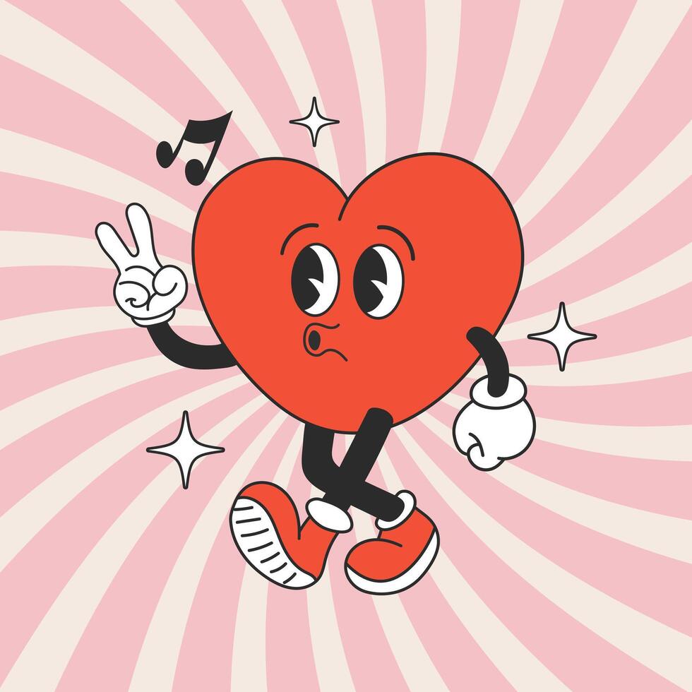 Heart funny cartoon character on retro background. Cartoon mascot heart. Fashionable smiley face in retro style. Vector