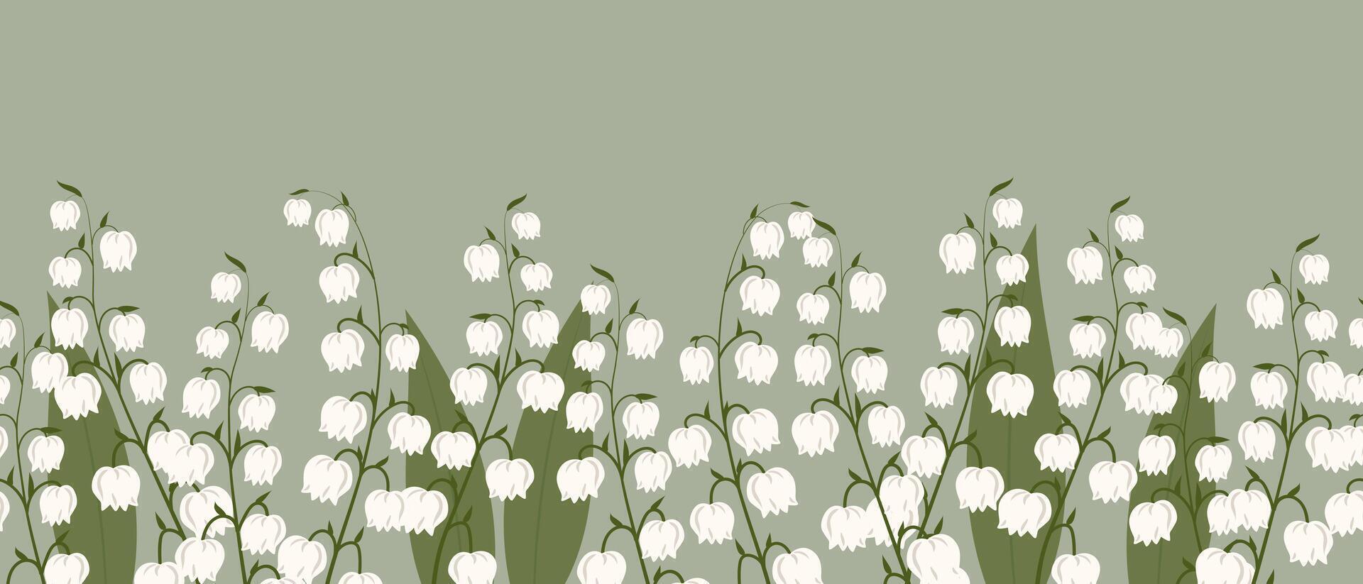 Seamless border, spring flowers lilies of the valley. Spring background with copy space. Illustration, template, print, vector