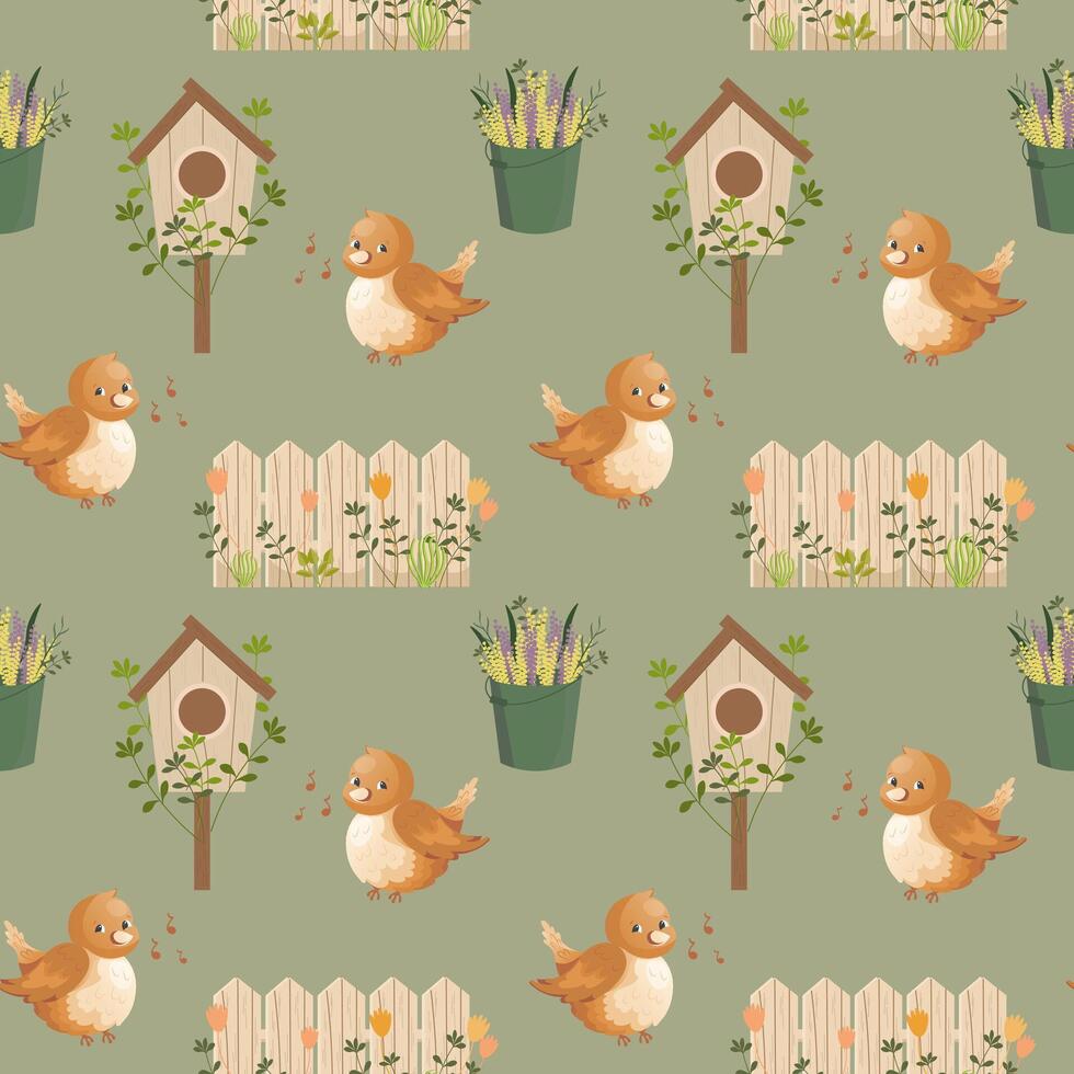 Seamless spring pattern, cute birds, birdhouses, buckets of flowers on a light background. Background, baby wallpaper, textile, vector