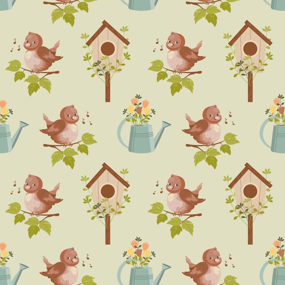 Seamless spring pattern, cute birds, birdhouses, buckets of flowers on a light background. Background, baby wallpaper, textile, vector