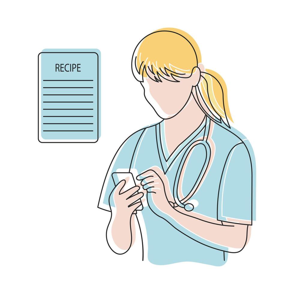 Line art, doctor writes a prescription online. Medical healthcare concept. Black outline with color. Poster, illustration, vector