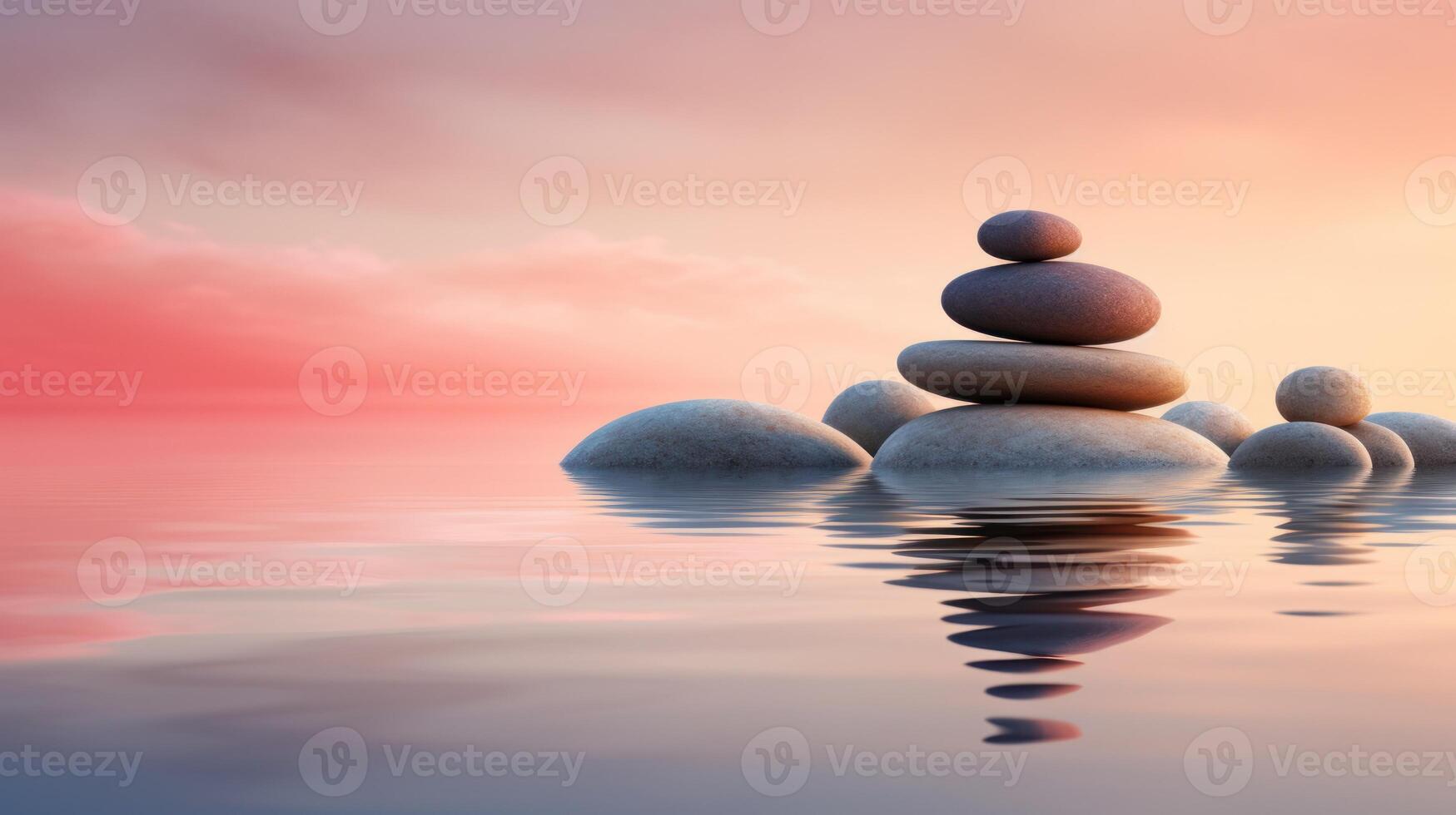 ai generado zen piedras - sereno puesta de sol reflexiones en agua foto