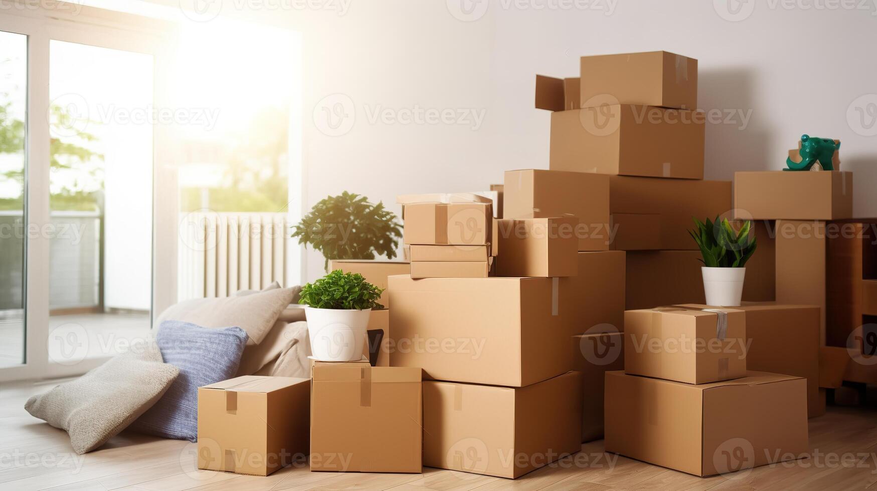 AI generated Moving boxes in new house. Moving day concept. 3d rendering photo