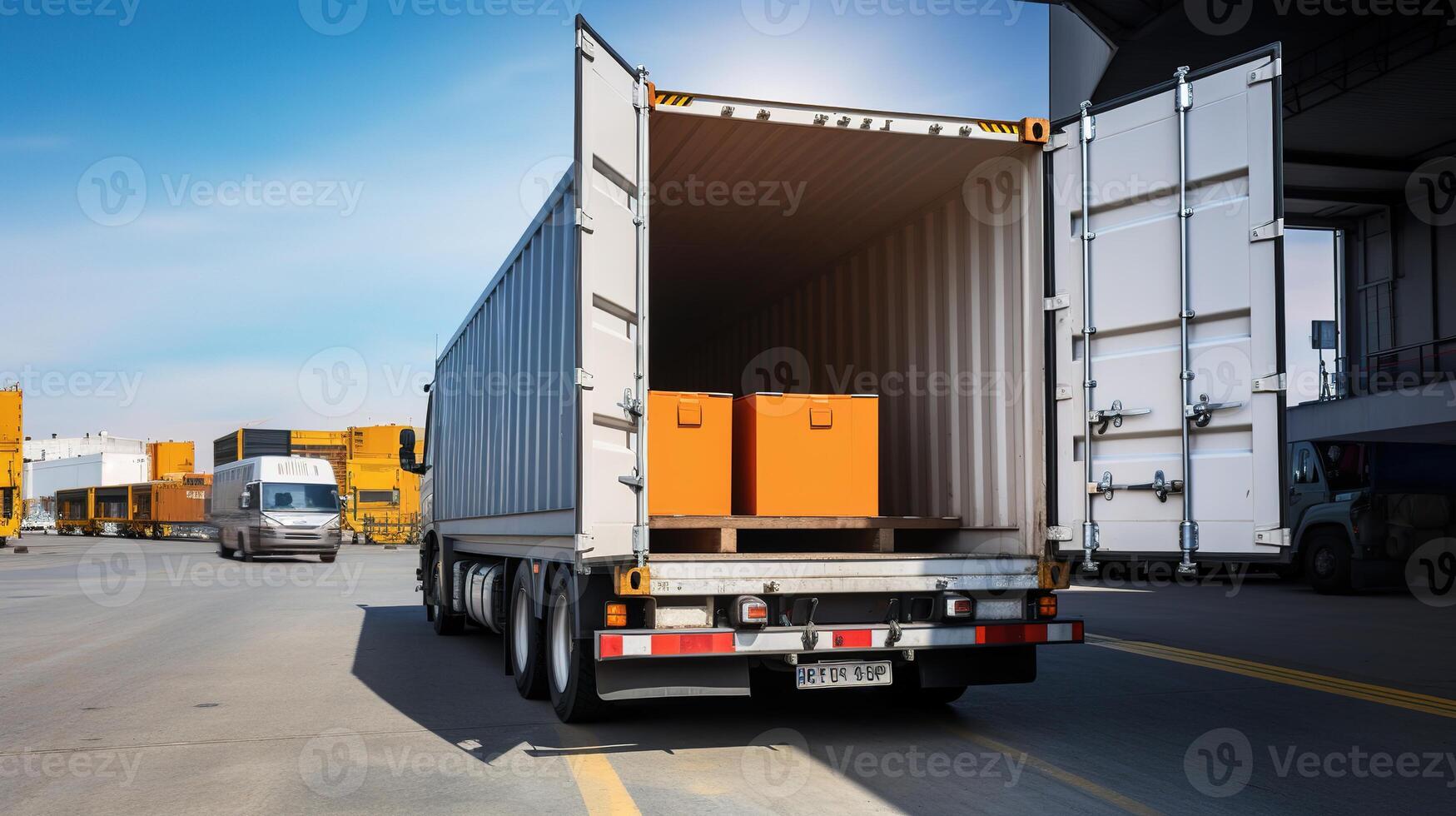 AI generated Cargo container truck on the road. Transportation and logistics concept. photo