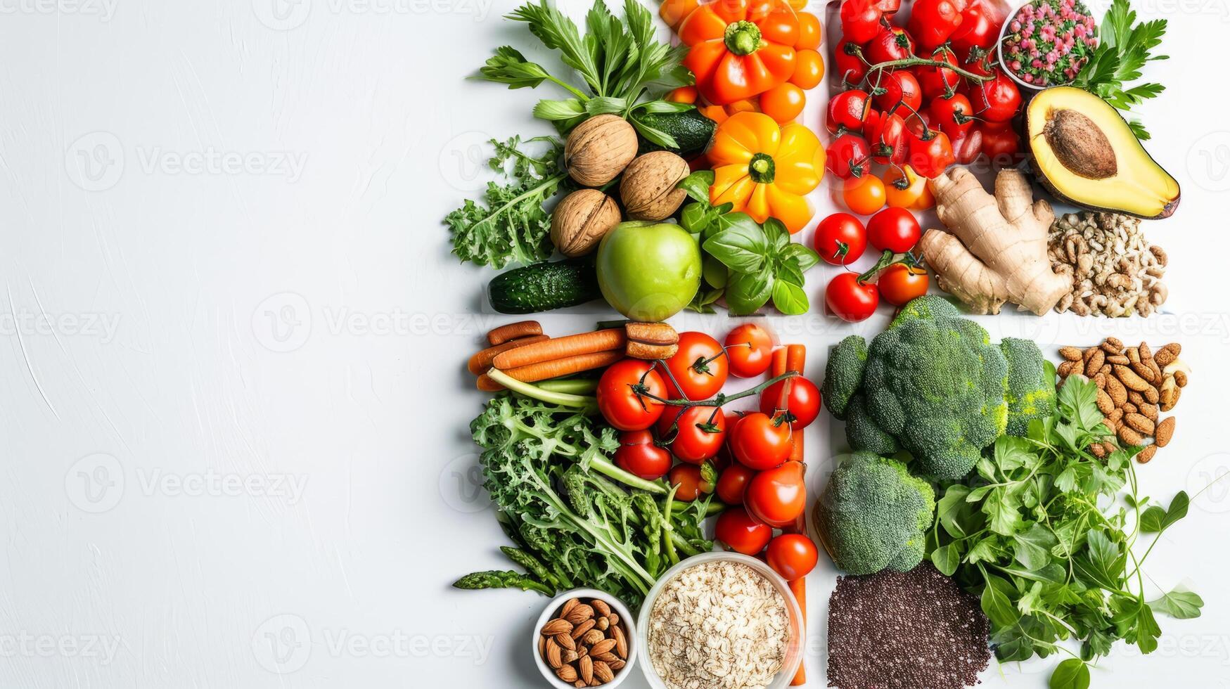 AI generated Assorted Fresh Vegetables and Healthy Nuts on White Background photo