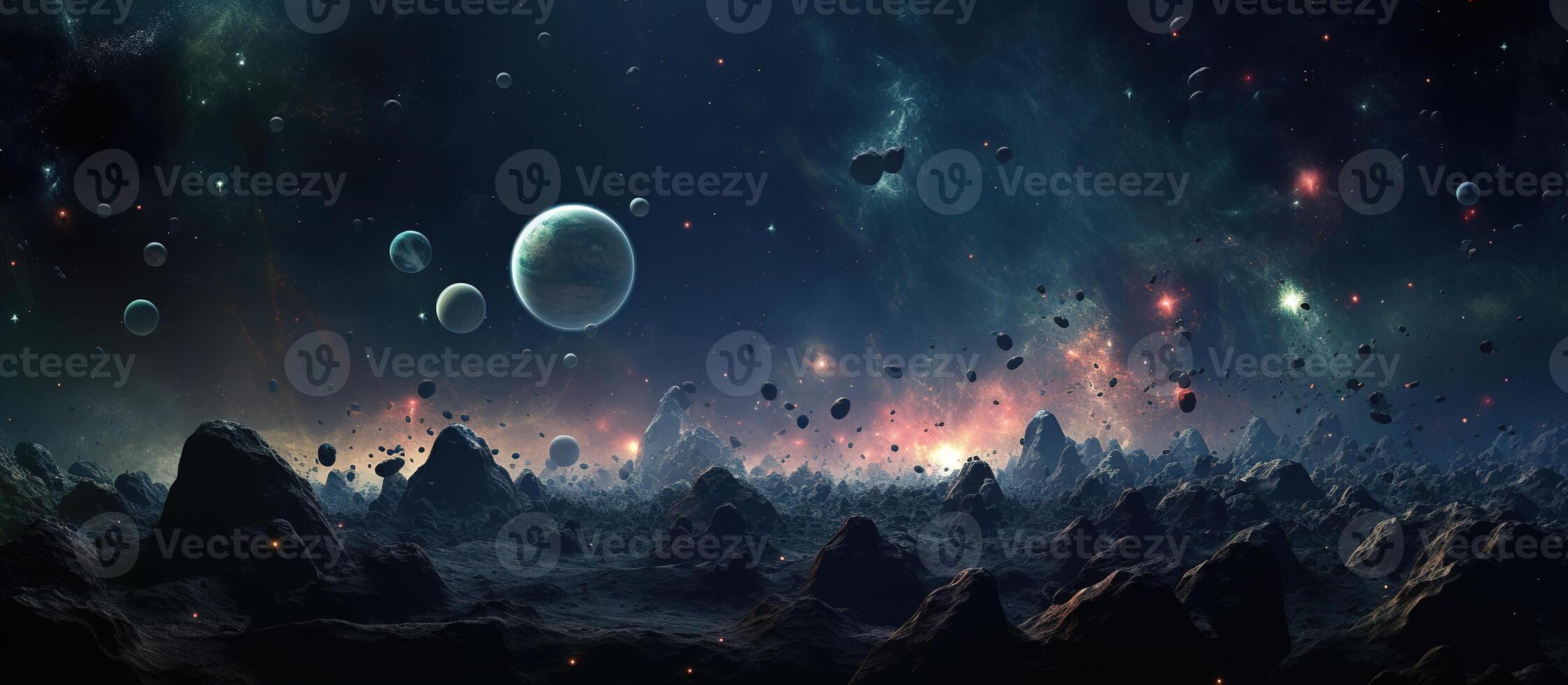AI generated Fantasy landscape with planet and nebula. 3d illustration. photo