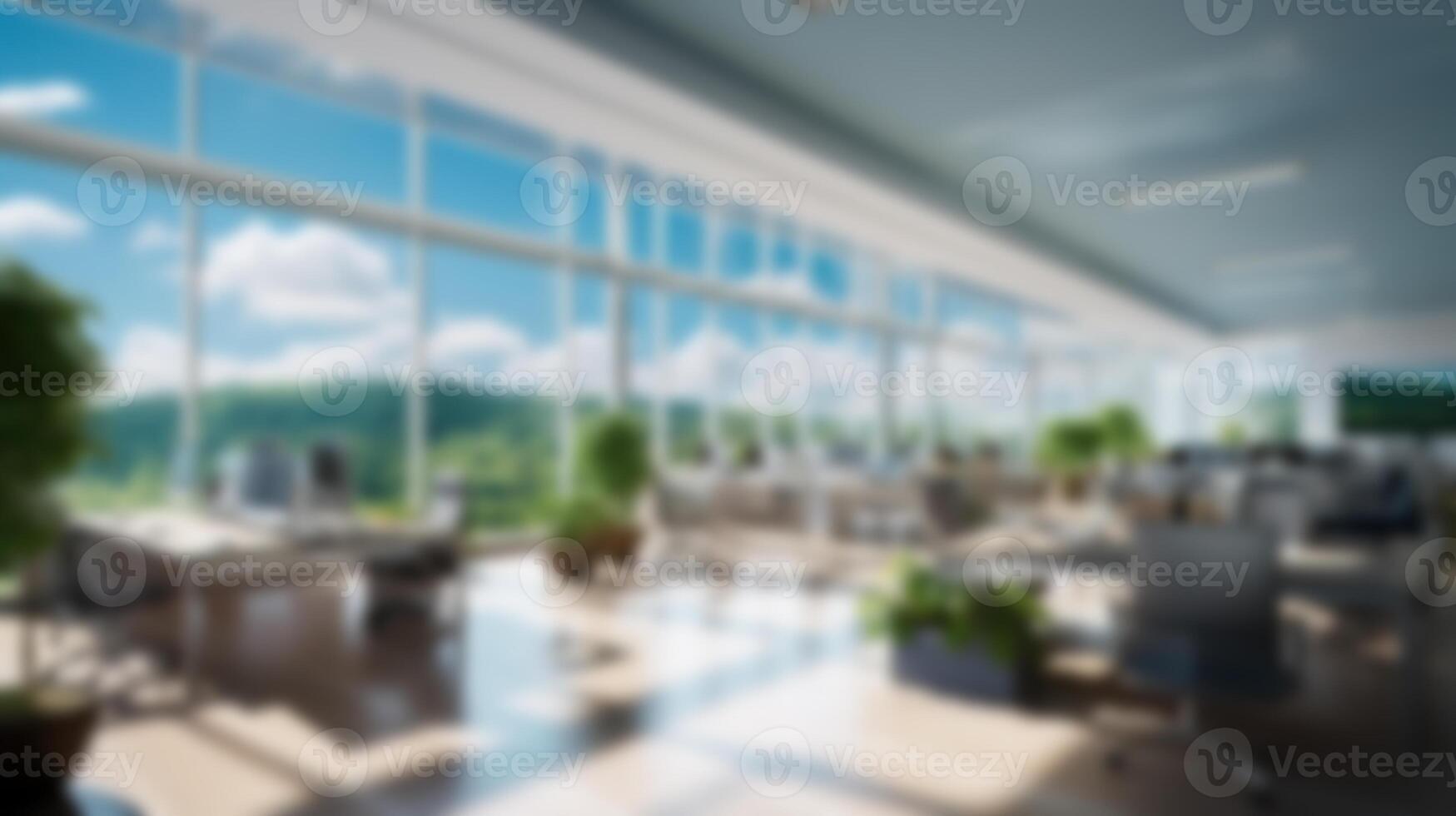 Blurred background of modern office interior with large panoramic windows. photo
