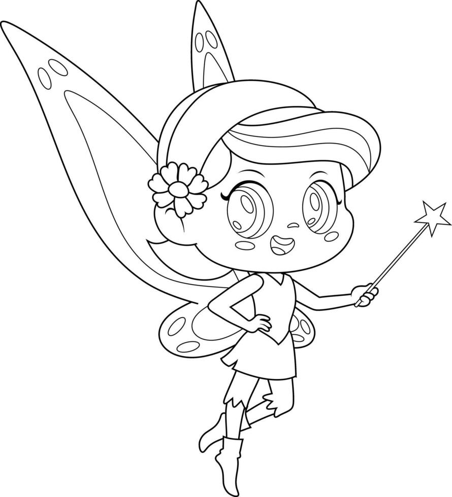 Outlined Cute Tooth Fairy Girl Cartoon Character Flying With Magic Wand. Vector Hand Drawn Illustration