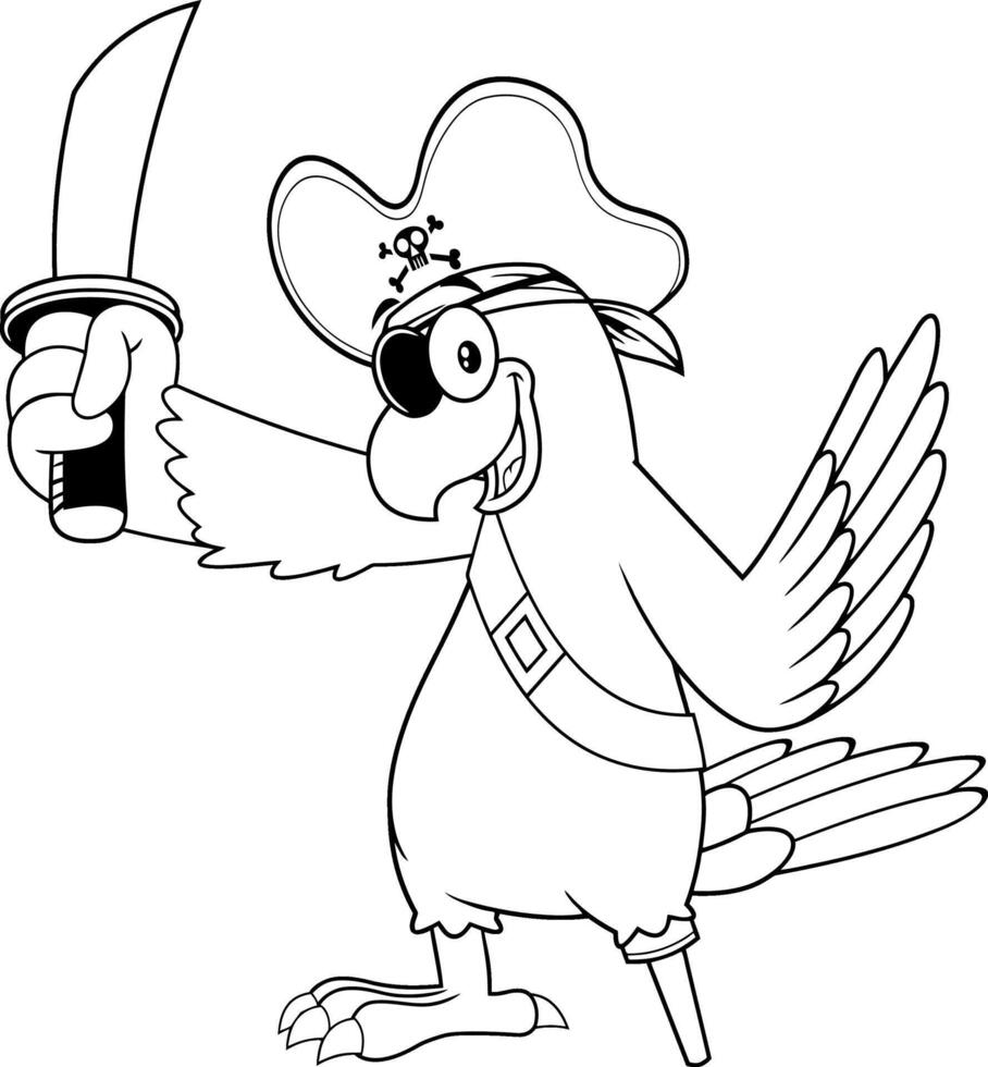 negro y blanco loro pirata pájaro dibujos animados personaje con espada. vector ilustración aislado en blanco antecedentes