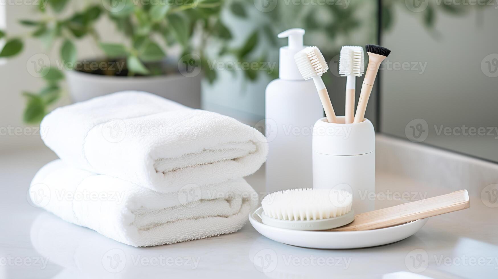 AI generated Bathroom interior with towels, toothbrushes and personal care products photo