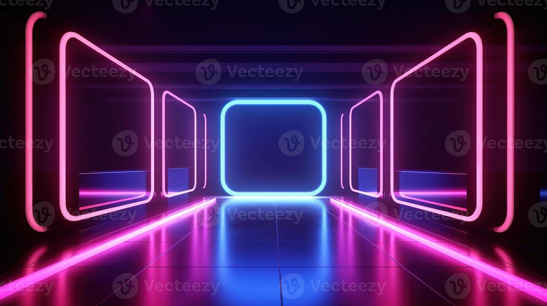 AI generated 3D abstract background with neon lights. neon tunnel.space construction. 3d illustration photo
