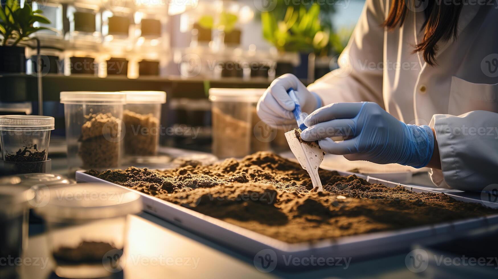 Scientist working with soil in laboratory, science and biotechnology concept photo