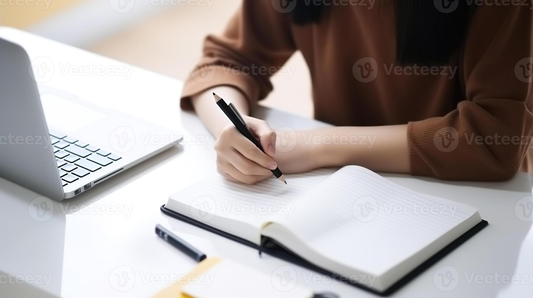 AI generated Close up of businesswoman writing in notebook while sitting at office desk photo