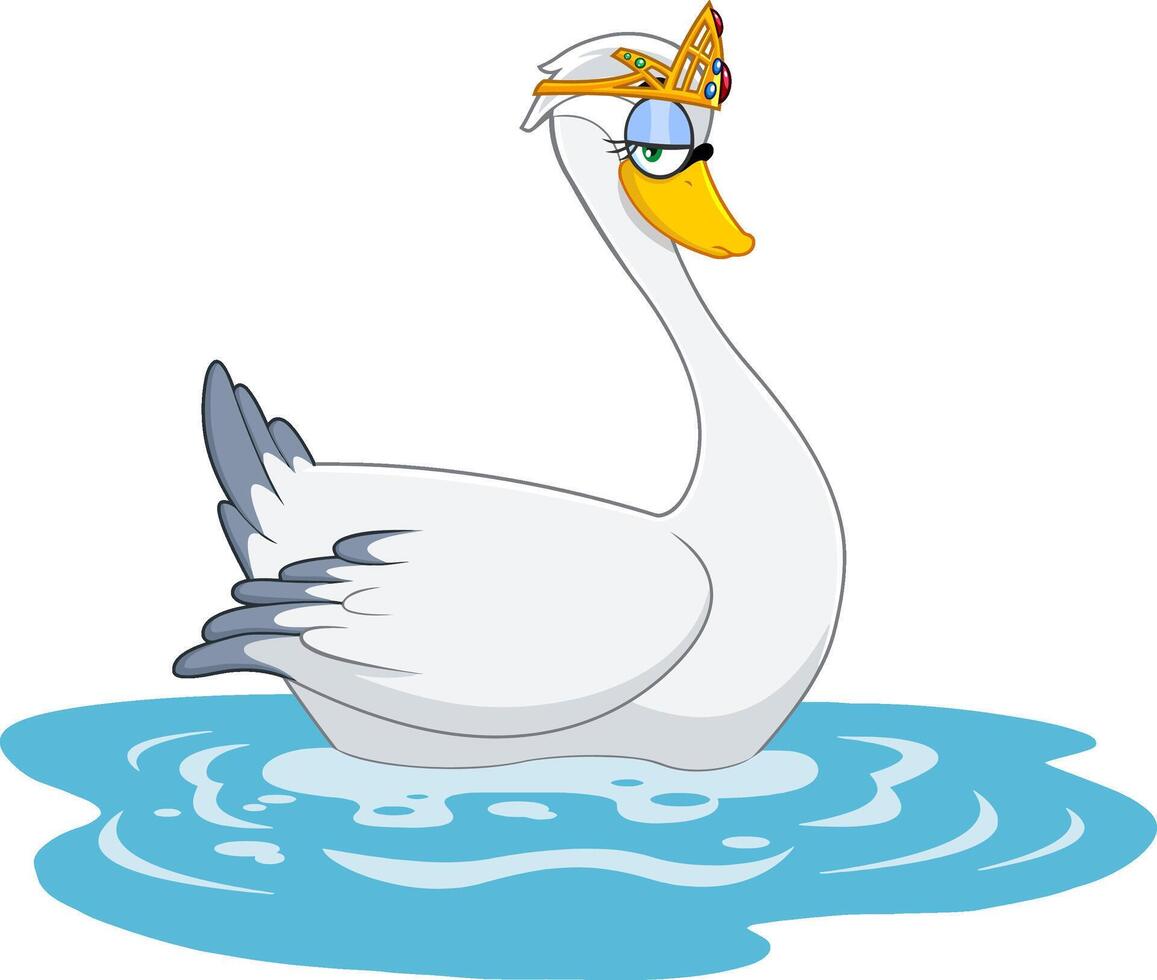 Cute Swan Princess Cartoon Character With Golden Crown. Vector Illustration Isolated On White Background