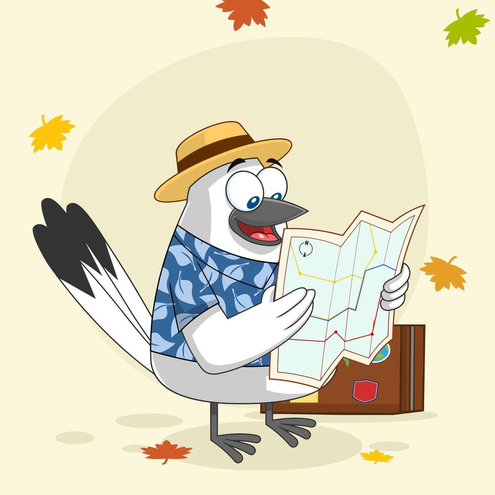 Snow Bird Cute Cartoon Character With Suitcase Holding A Map. Vector Illustration With Background