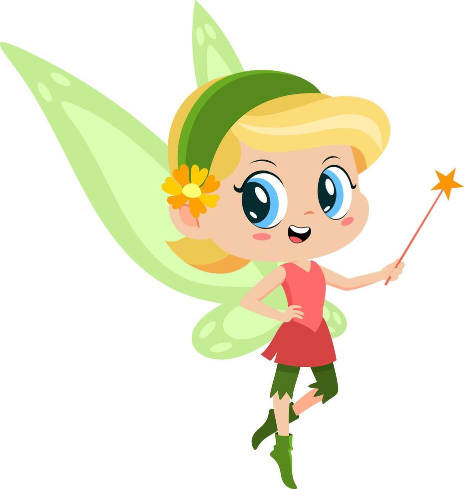 Cute Tooth Fairy Girl Cartoon Character Flying With Magic Wand. Vector Illustration Flat Design