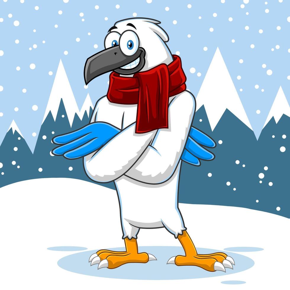 Winter Hawk Bird Cute Cartoon Character. Vector Illustration With Landscape Background