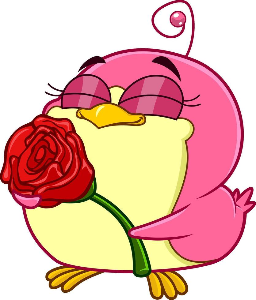 Cute Chickadee Bird Cartoon Character Holding A Rose. Vector Illustration Isolated On White Background