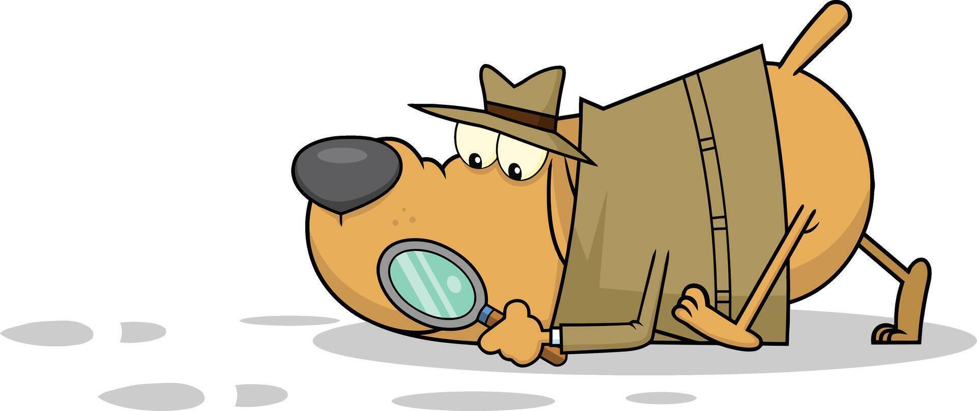 Detective Dog Cartoon Character Following A Clues. Vector Illustration Isolated On White Background