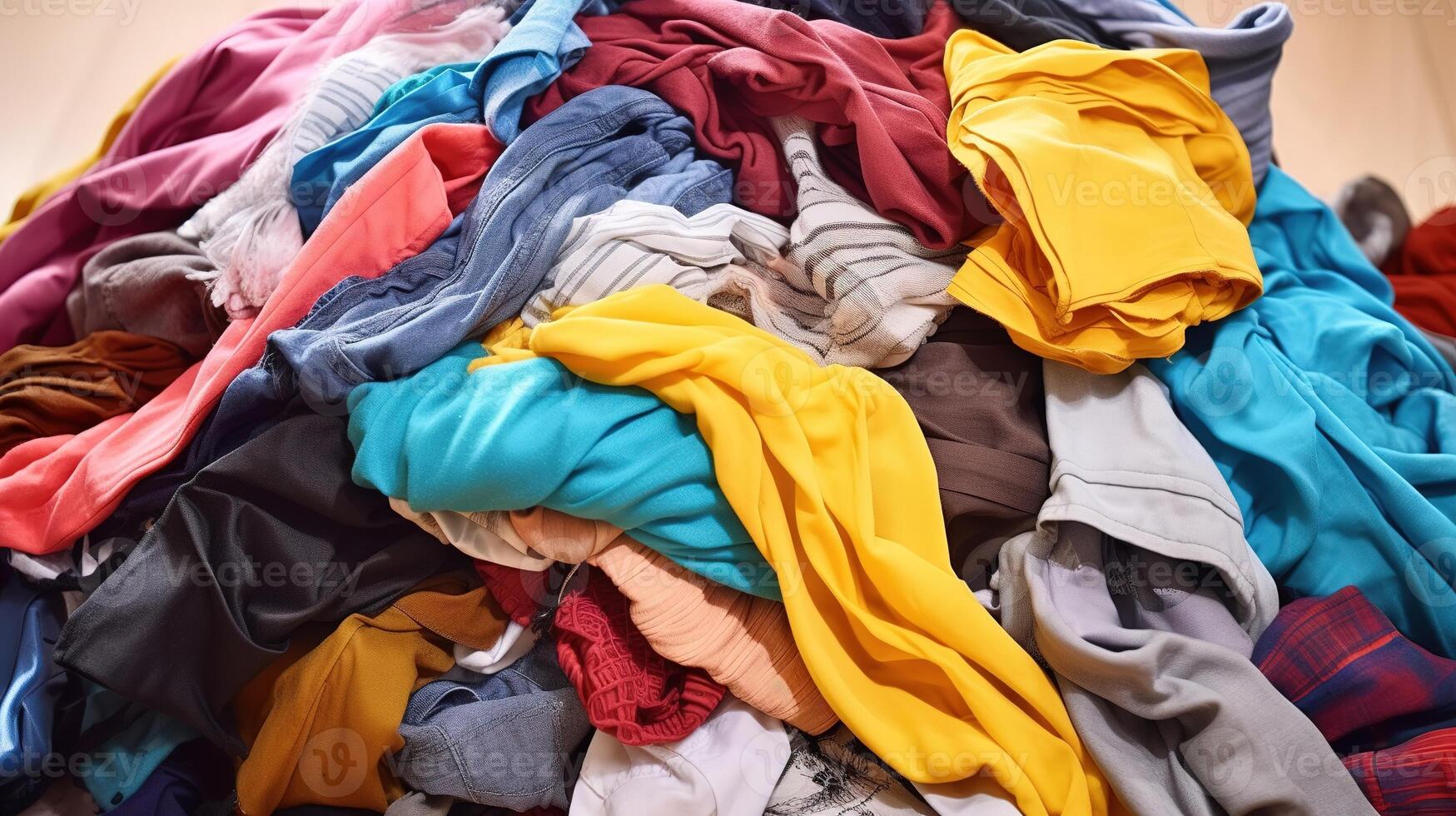 AI generated Heap of colorful clothes, close-up. Clothes background photo