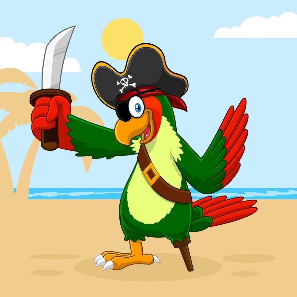 Parrot Pirate Bird Cartoon Character With Sword. Vector Illustration With Background
