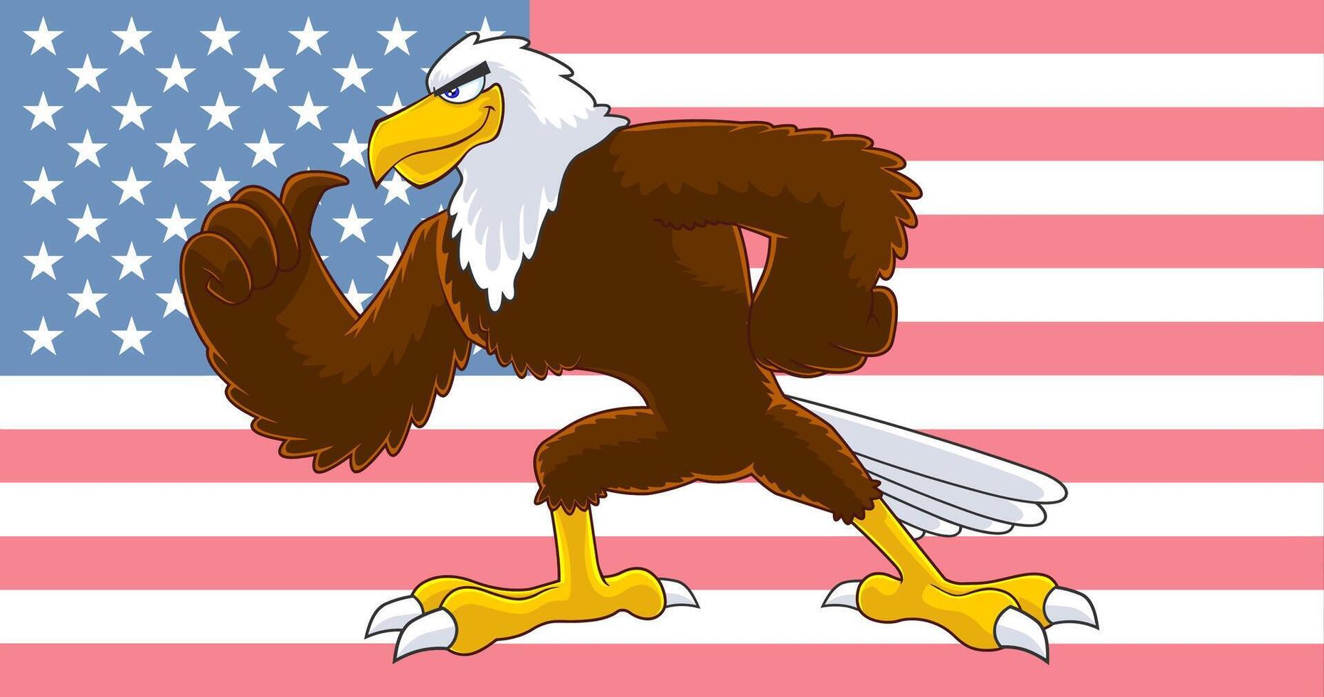 Eagle Bird Cartoon Character Over American Flag. Vector Illustration With Background