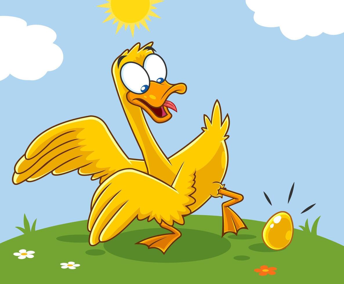 Golden Goose Cartoon Character With Golden Egg. Vector Illustration With Landscape Background