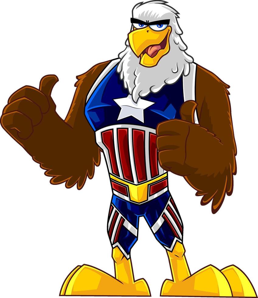 águila pájaro súper héroe dibujos animados personaje demostración pulgar arriba. vector ilustración aislado en blanco antecedentes