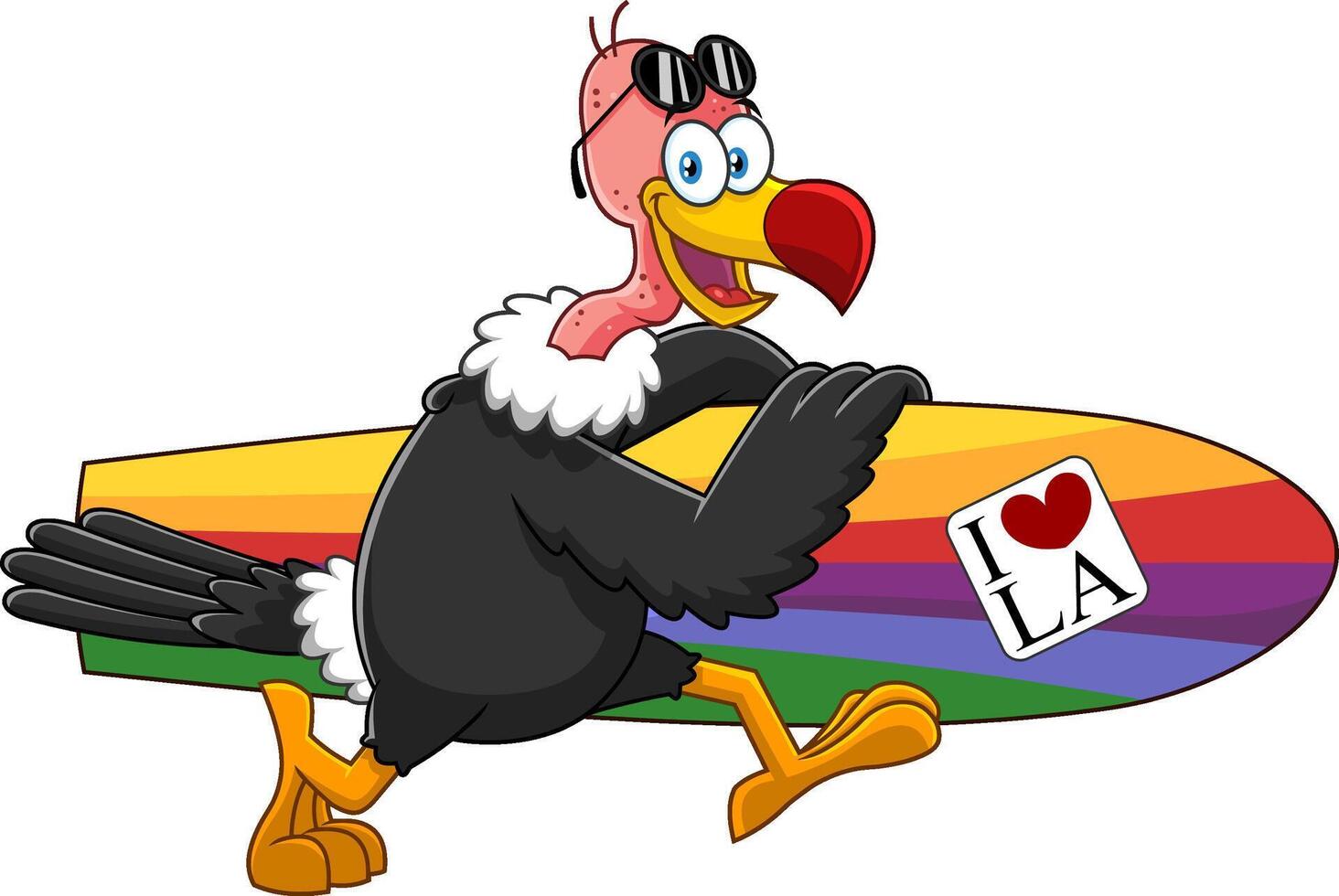 Vulture Bird Cute Cartoon Character Running With A Surfboard. Vector Illustration Isolated On White Background