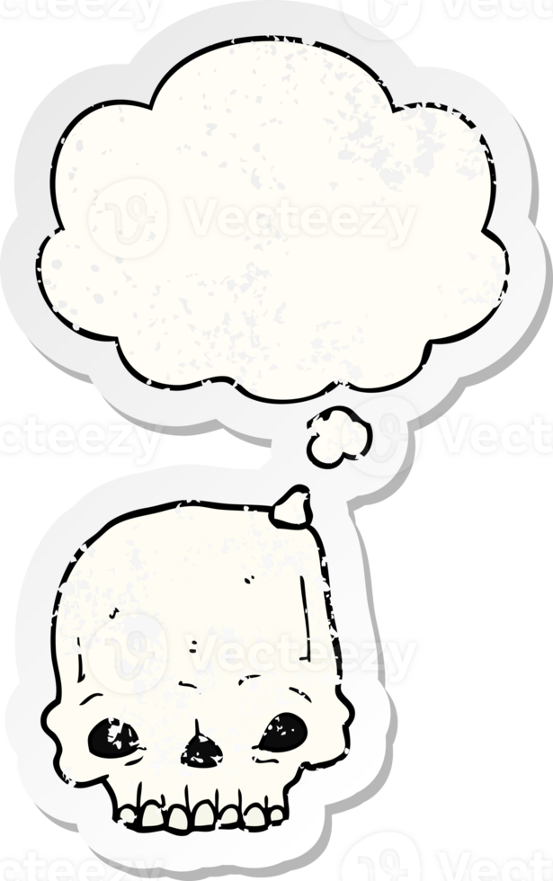 cartoon spooky skull and thought bubble as a distressed worn sticker png