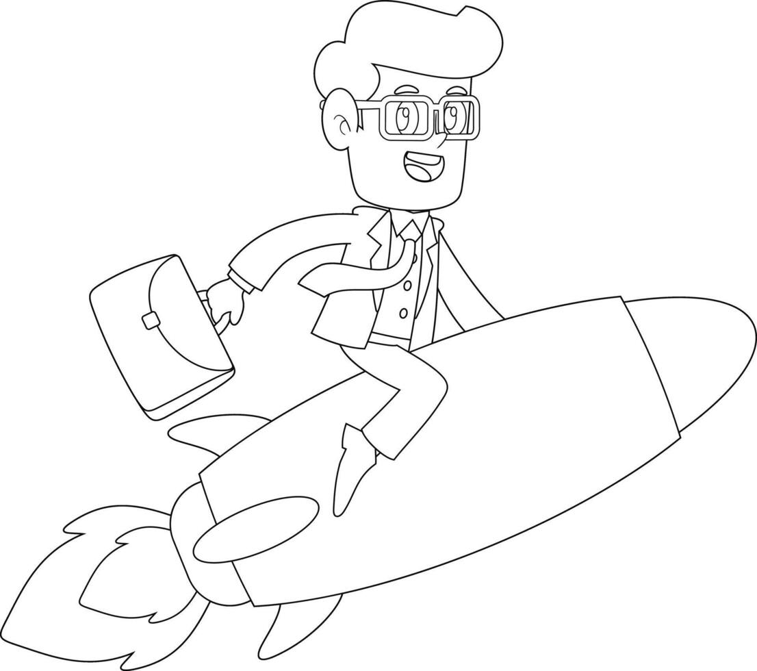 Outlined Businessman Cartoon Character On A Rocket Successful Start Up vector