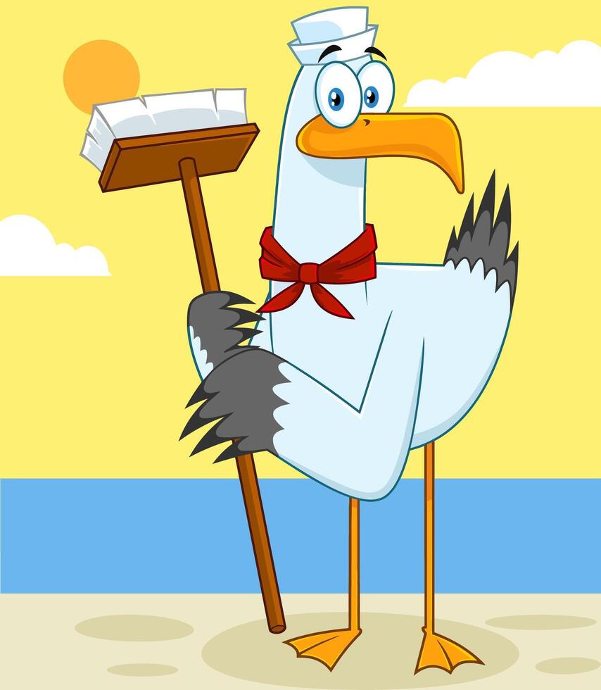 Seagull Bird Sailor Cartoon Character With Cleaning Brush. Vector Illustration With Landscape Background