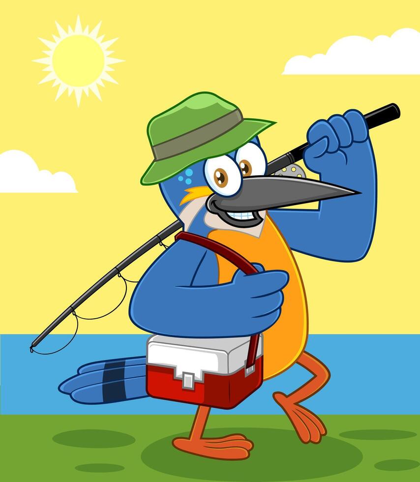 Kingfisher Bird Cute Cartoon Character Walking With Fishing Rod. Vector Illustration With Background