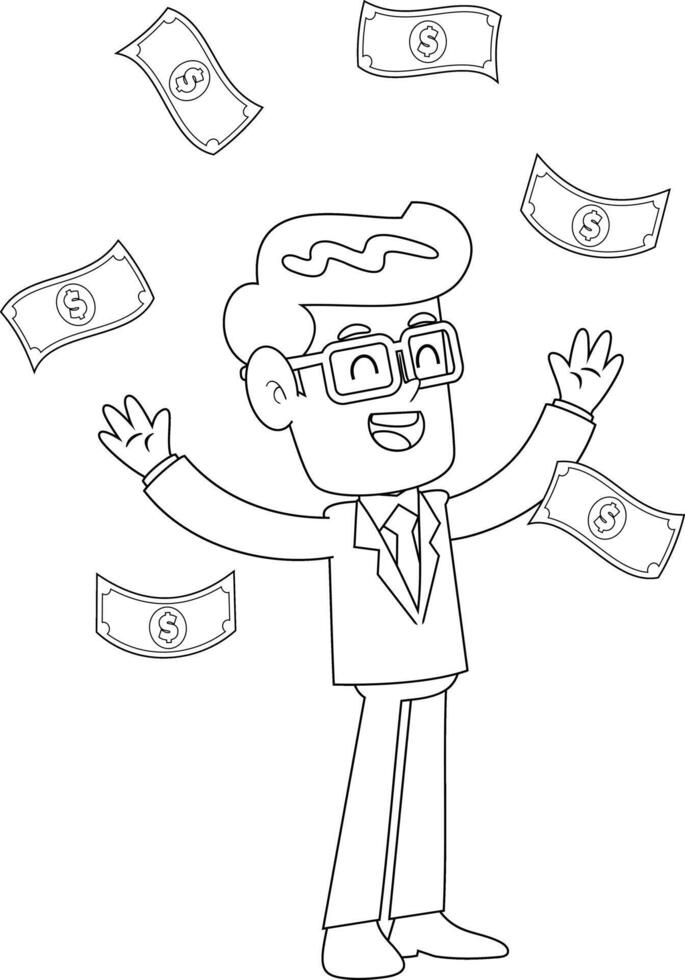 Outlined Lucky Businessman Cartoon Character Stands With Arms Out As Money Falls. Vector Hand Drawn Illustration