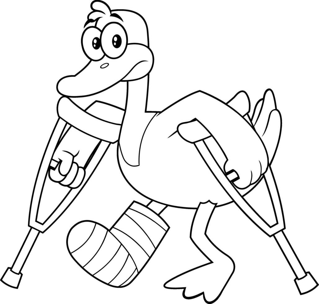 Black And White Duck Cartoon Character With Crutches And Plastered Leg. Vector Illustration Isolated On White Background