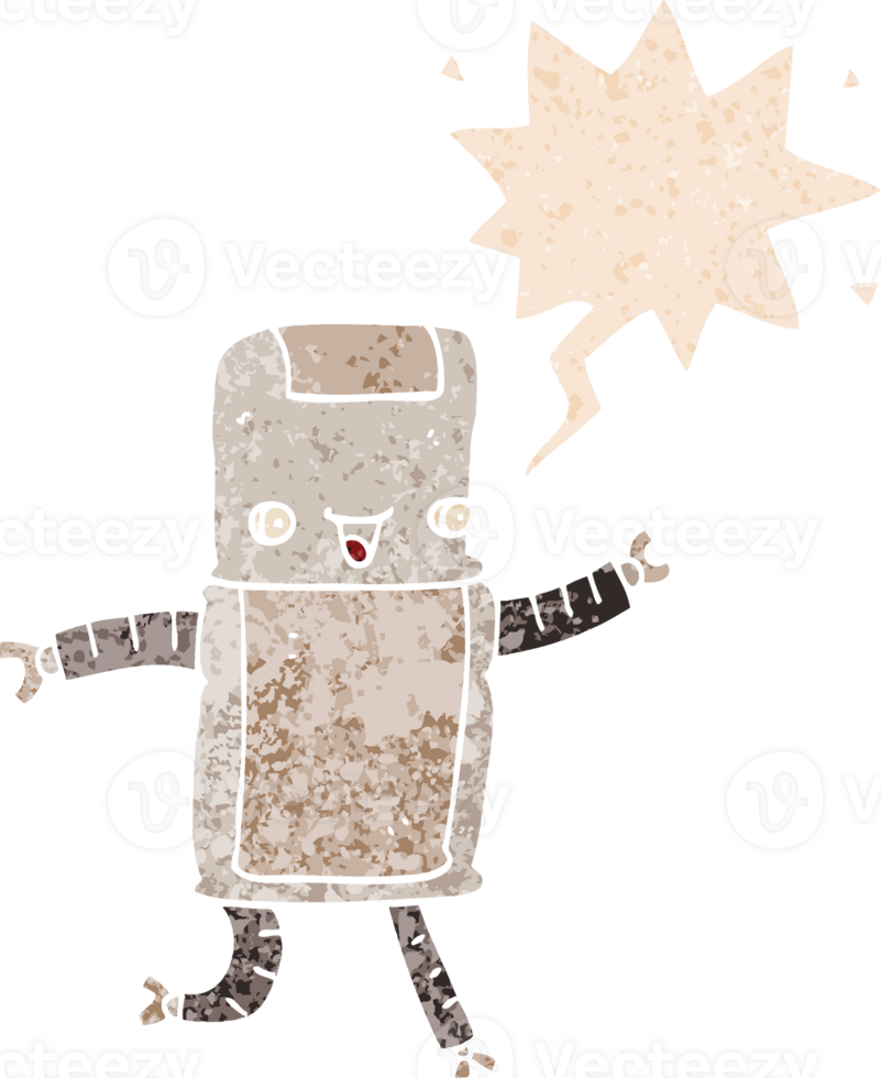 cartoon robot and speech bubble in retro textured style png