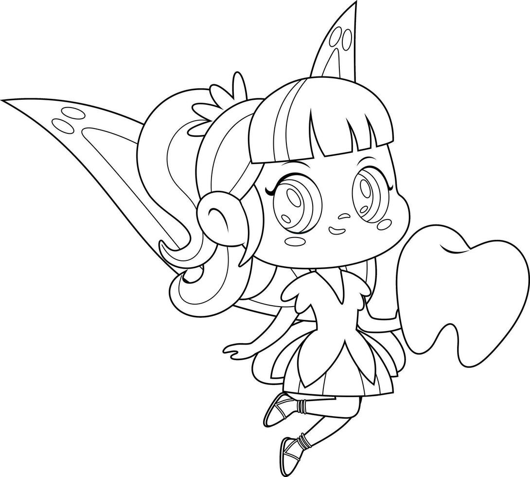 Outlined Cute Tooth Fairy Girl Cartoon Character Flying With Tooth vector