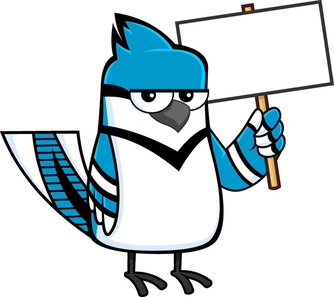 Blue Jay Bird Cartoon Character With Blank Sign. Vector Illustration Isolated On White Background