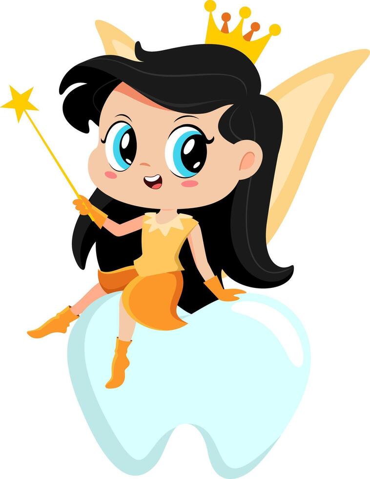 Cute Tooth Fairy Girl Cartoon Character Sitting On Tooth With Magic Wand. Vector Illustration Flat Design