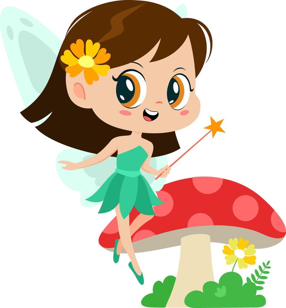 Cute Tooth Fairy Girl Cartoon Character Flying With Magic Wand. Vector Illustration Flat Design