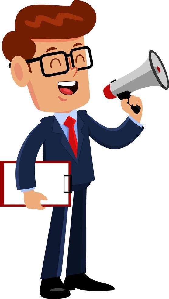 Businessman Cartoon Character Speaking Through A Megaphone. Vector Illustration Flat Design