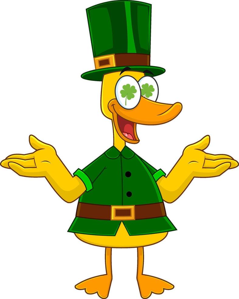 Lucky Duck Leprechaun Cartoon Character With Open Arms. Vector Illustration Isolated On White Background