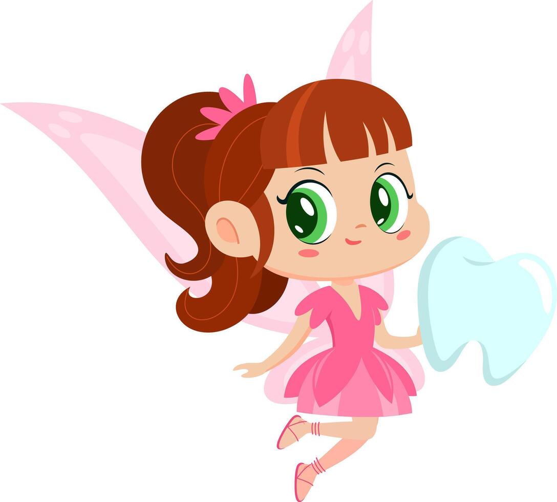 Cute Tooth Fairy Girl Cartoon Character Flying With Tooth vector