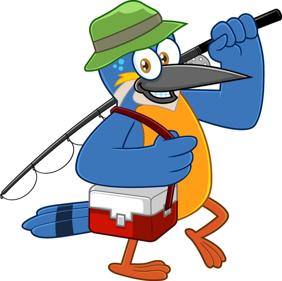 martín pescador pájaro linda dibujos animados personaje caminando con pescar vara. vector ilustración aislado en blanco antecedentes