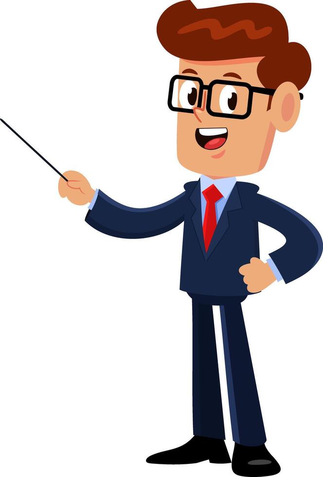 Businessman Cartoon Character Gesturing With A Pointer Stick. Vector Illustration Flat Design