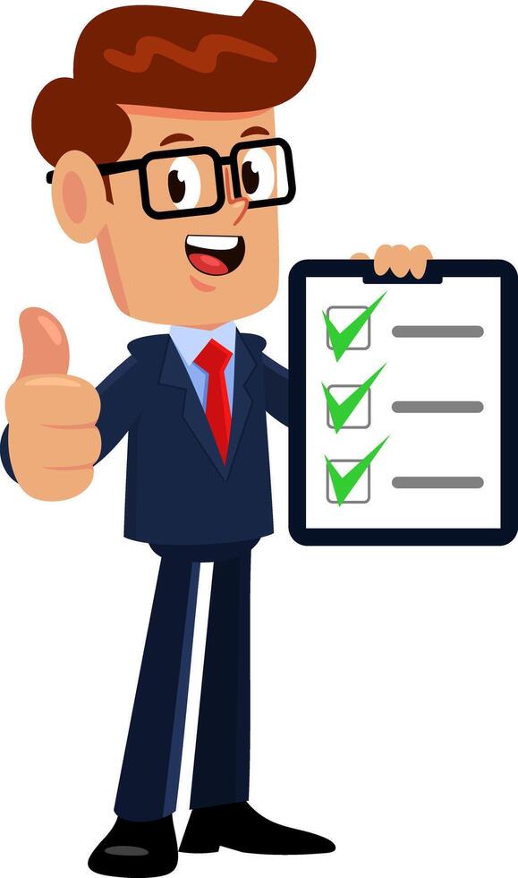 Happy Businessman Cartoon Character Holding Clipboard And Giving Thumbs Up. Vector Illustration Flat Design