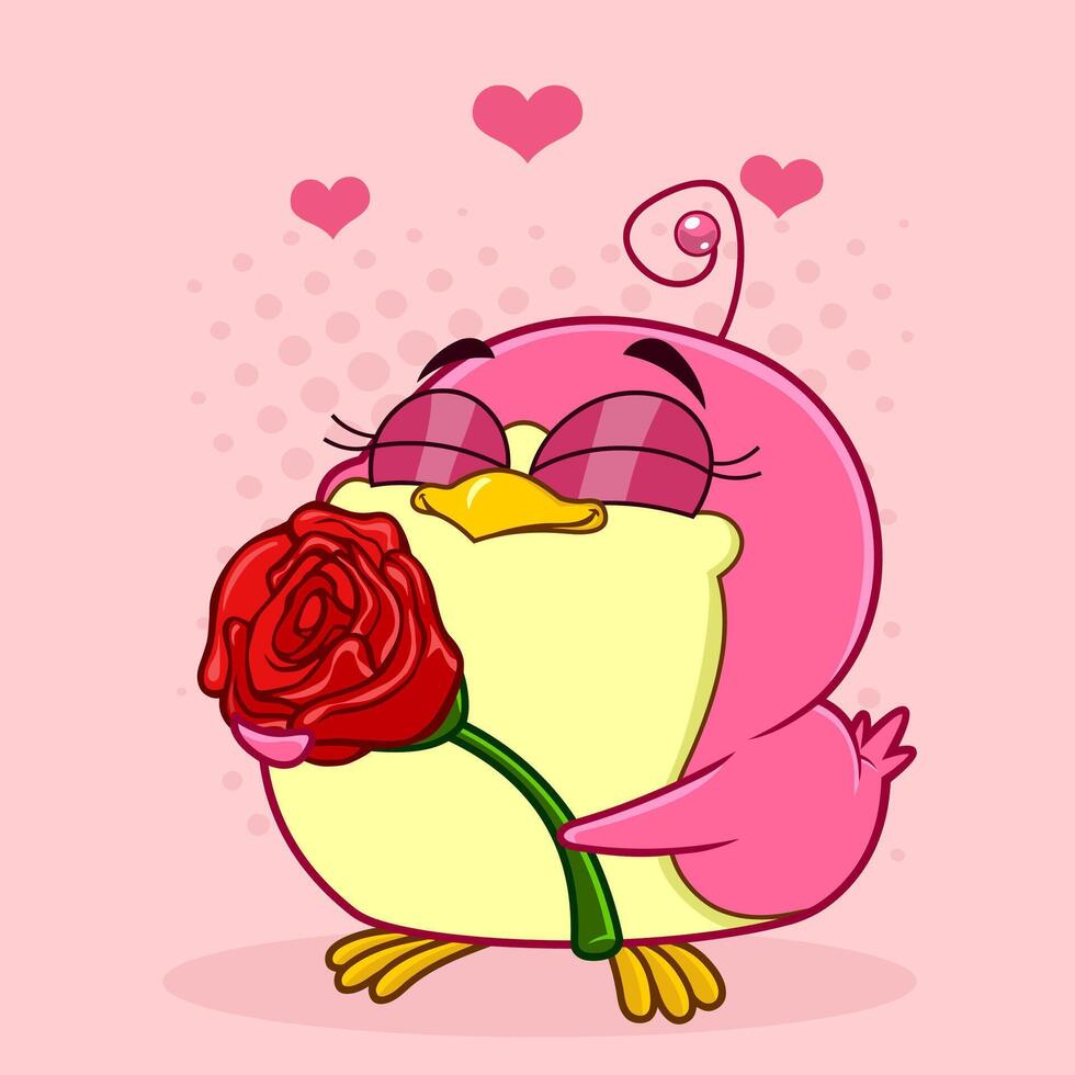 Cute Chickadee Bird Cartoon Character Holding A Rose. Vector Illustration Isolated On White Background