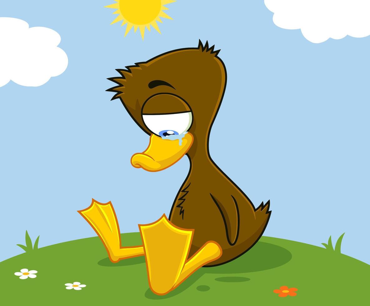 Ugly Duckling Cartoon Character Crying. Vector Illustration With Landscape Background