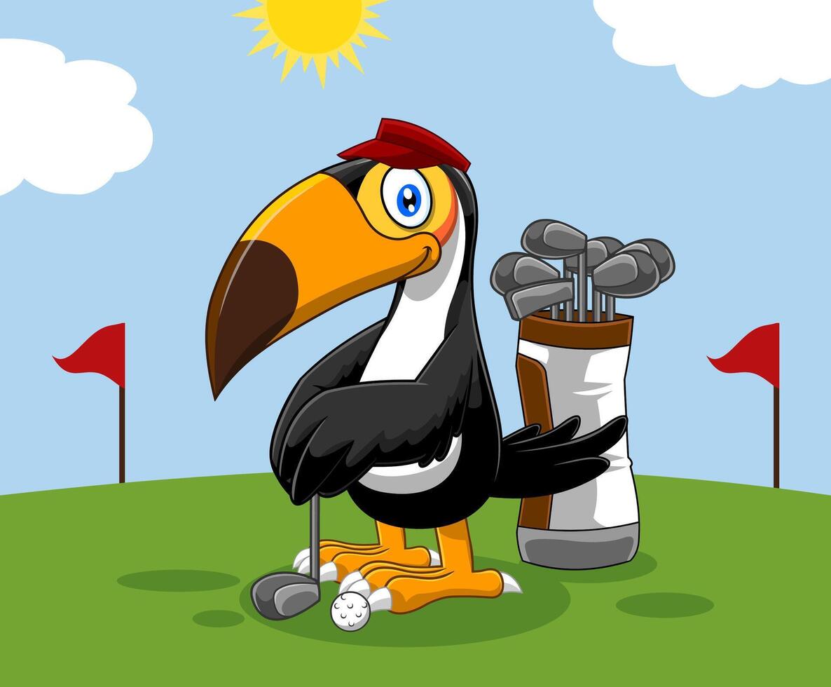 Golfer Toucan Bird Cartoon Character. Vector Illustration With Golf Course Background
