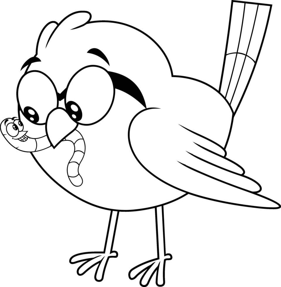 Outlined Early Bird Cute Cartoon Character With A Worm In Its Beak vector